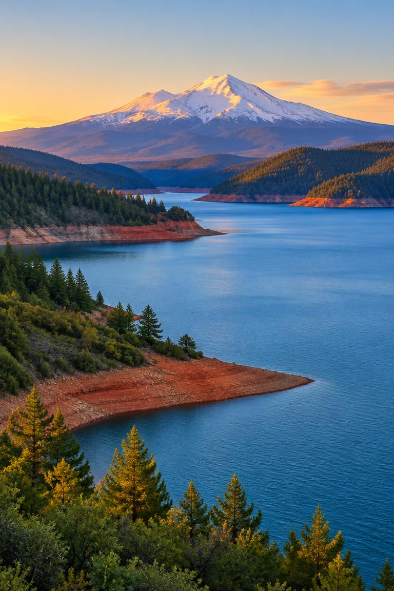Pine-covered shores of Shasta Lake
