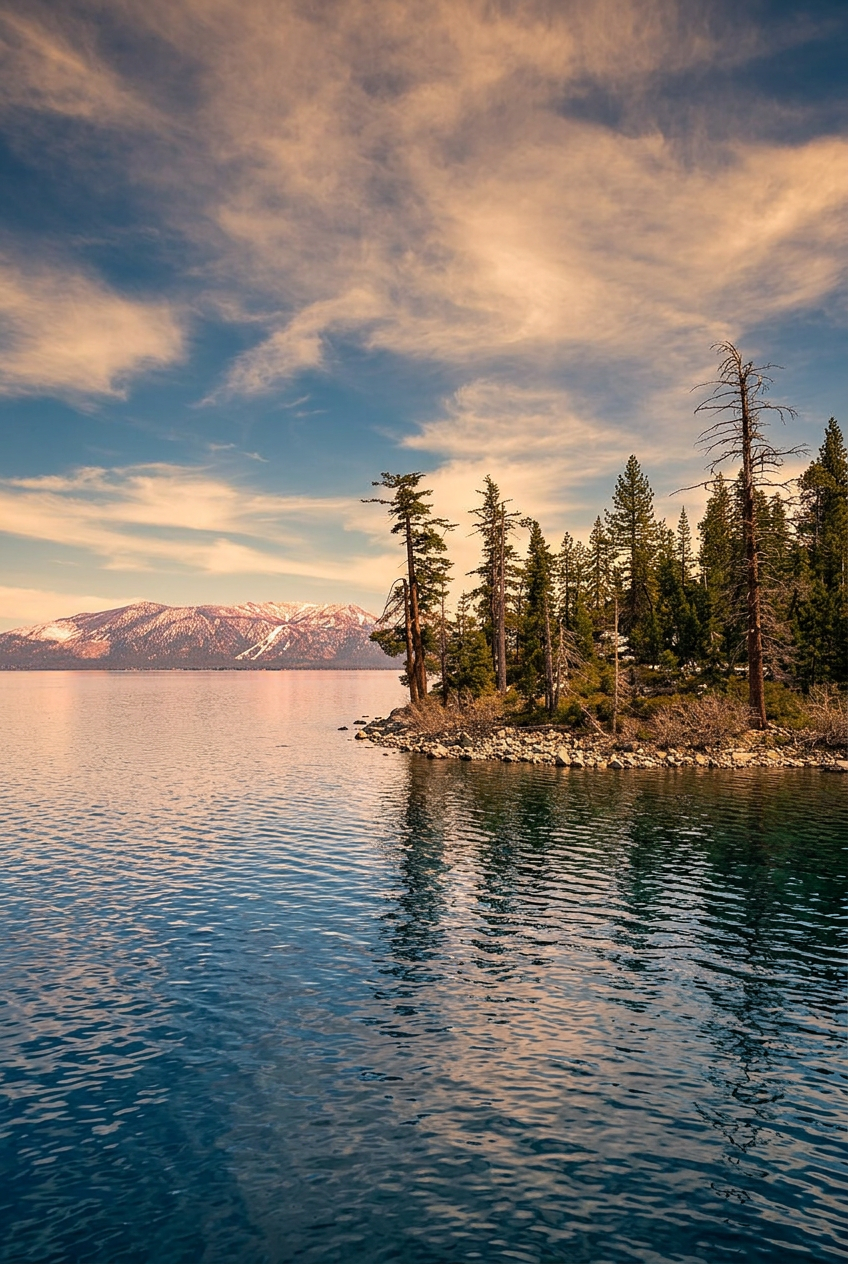 Lake Tahoe with Sierra mountains and pine forests